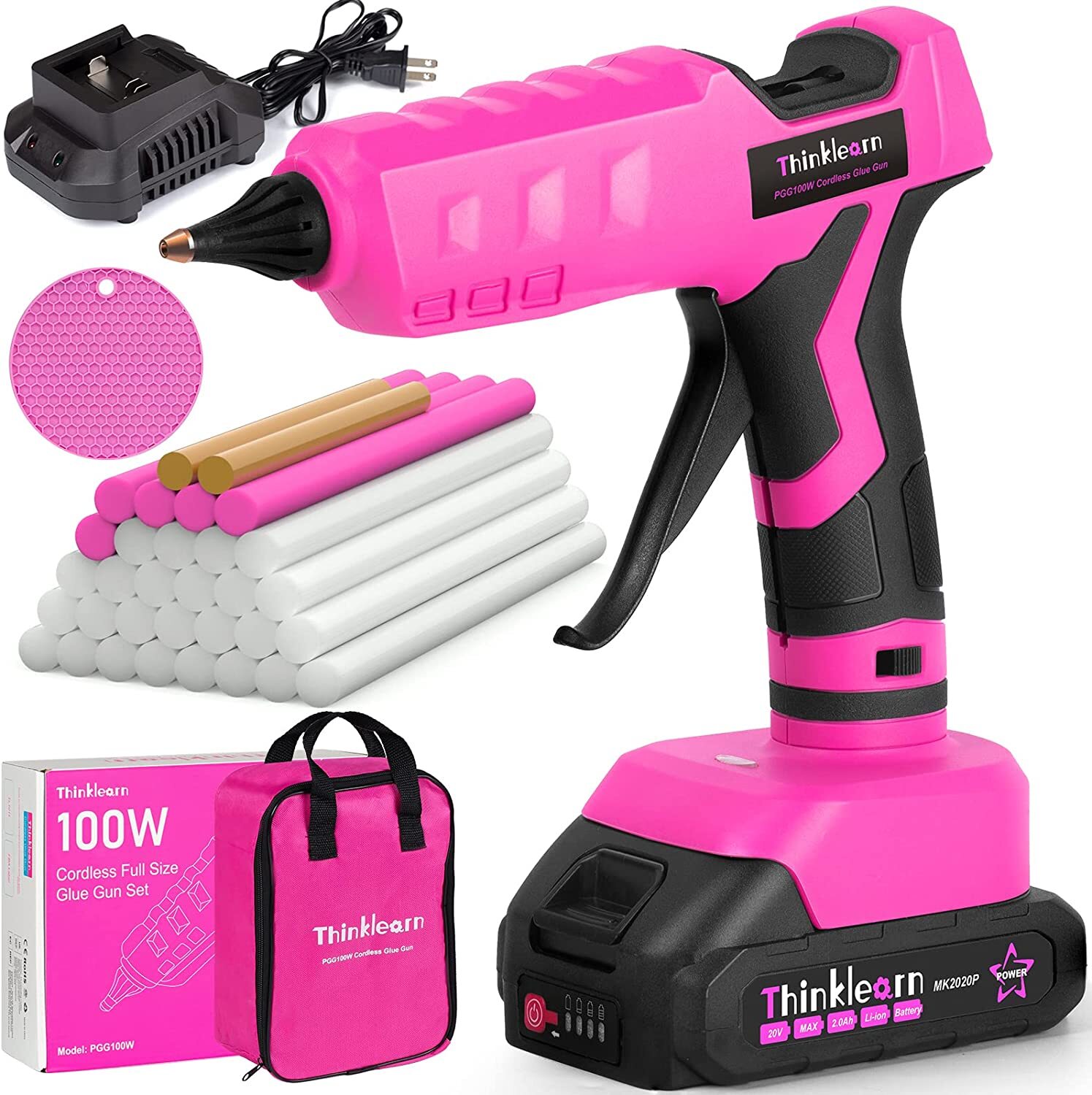 Hot Glue Gun, 20V Pink Cordless Glue Gun with 30 PCS Full Size Glue Sticks  